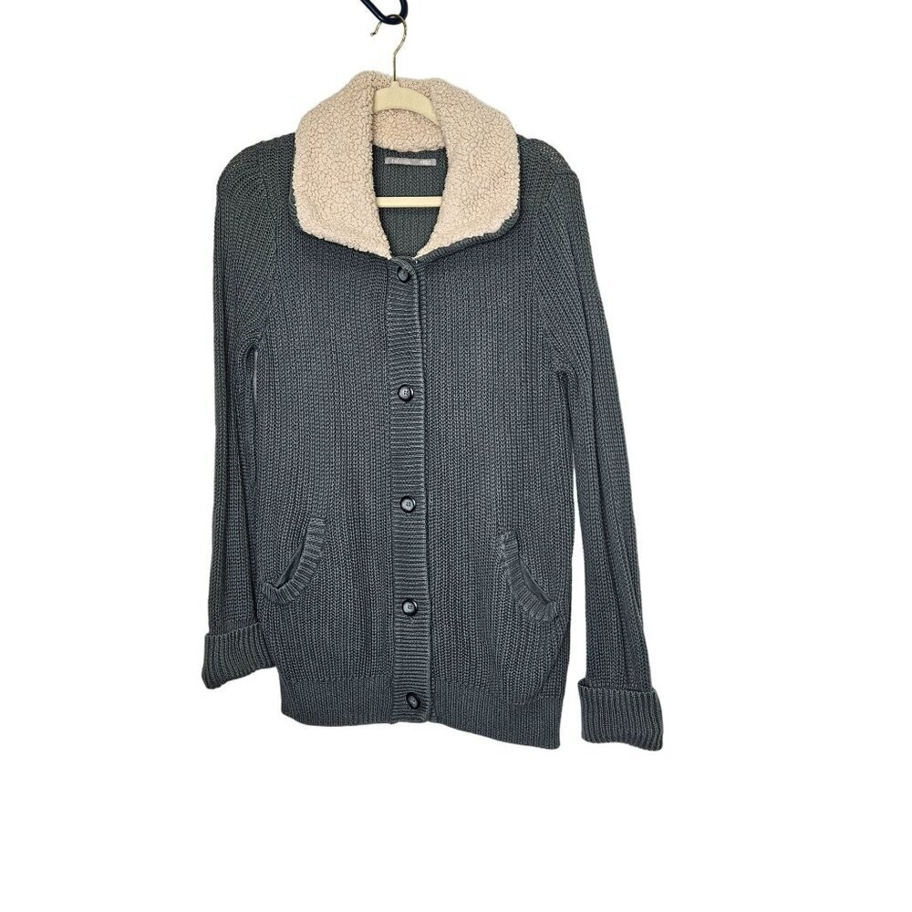 Rubbish Cotton Cardigan With‎ Faux Shearling Collar M Neutral Coastal Beachy